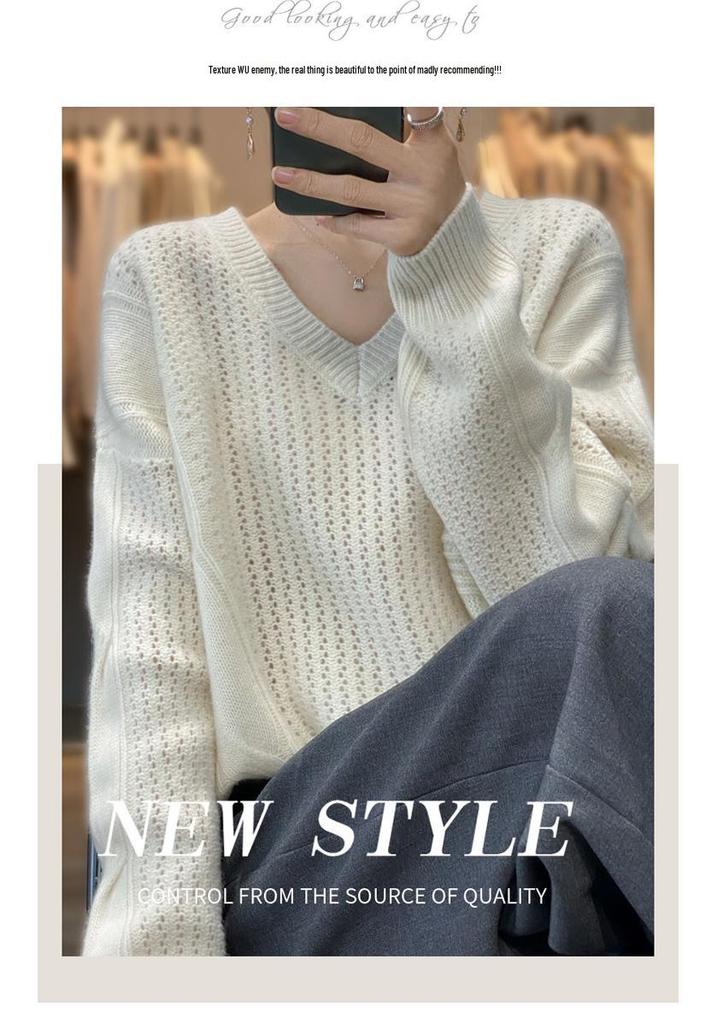 100V Women's Oversized Wool Sweater - Thick Knit, Long Sleeve, Fashionable Collar for Autumn