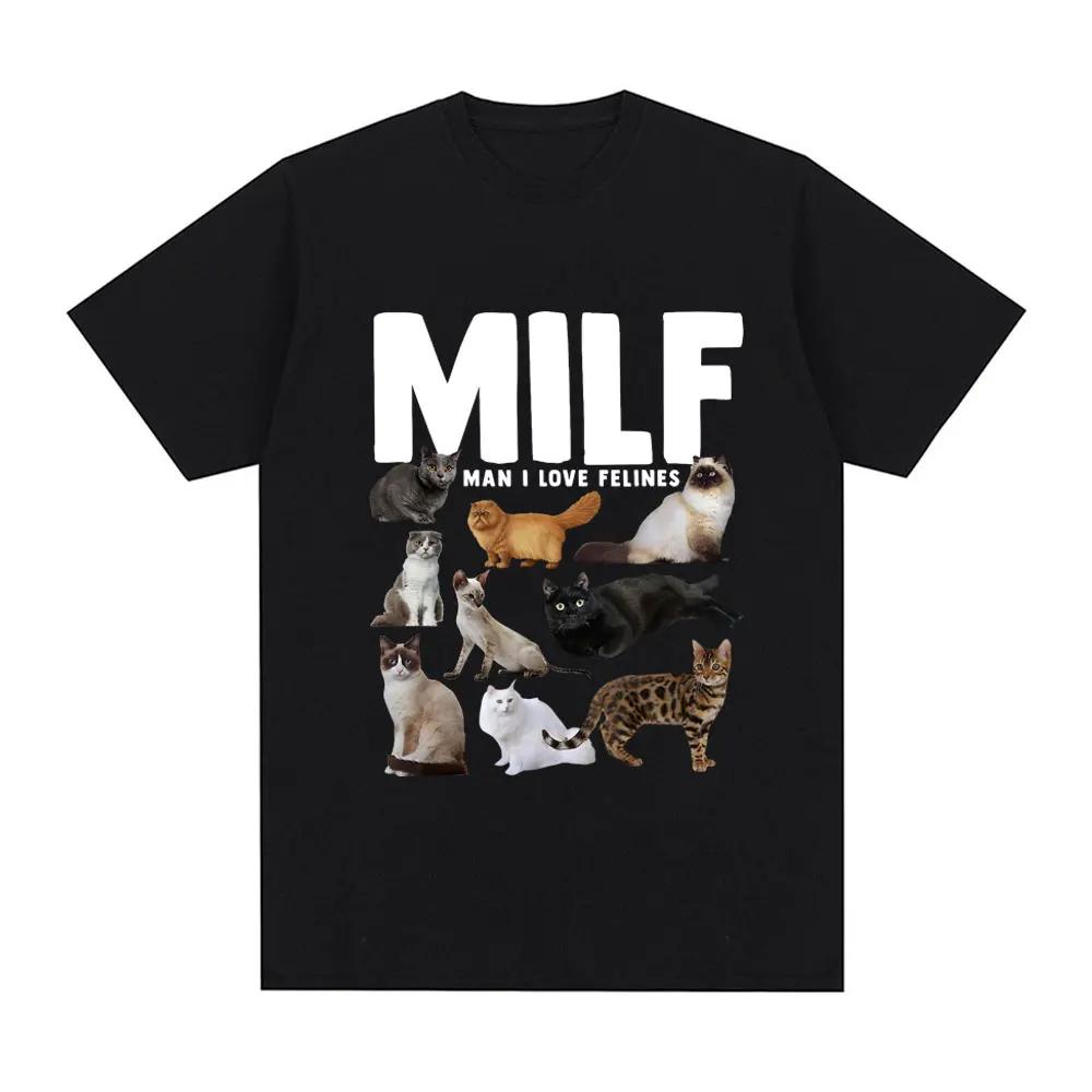 MILF Man I Love Felines Fun Meme T-shirt with Cat Lover Pattern Print Casual Short Comfortable Casual Pure Cotton T-shirt