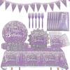 Purple Party Tableware Set, 71 Pcs Purple Diamond Party Supplies, Kids Birthday Party Decoration Paper Plates Cups Forks Triangular Flag