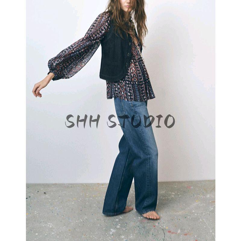 Spring New Women's Clothing French Beads Decoration V Neck Long Sleeves Metal Color Line Print Smock Top 5770024