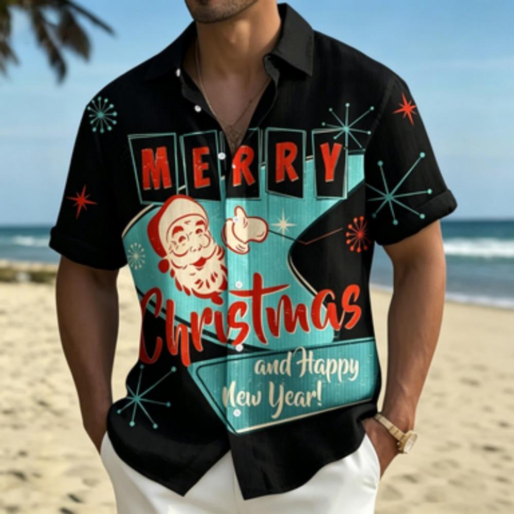 Men's short sleeved shirt, Santa Claus printed short sleeved shirt, European and American holiday casual collar shirt