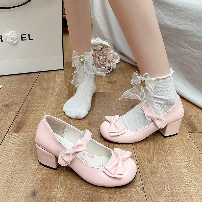 Pink high heels original lolita small leather shoes mary shoes cute bow heel round head lo shoes women