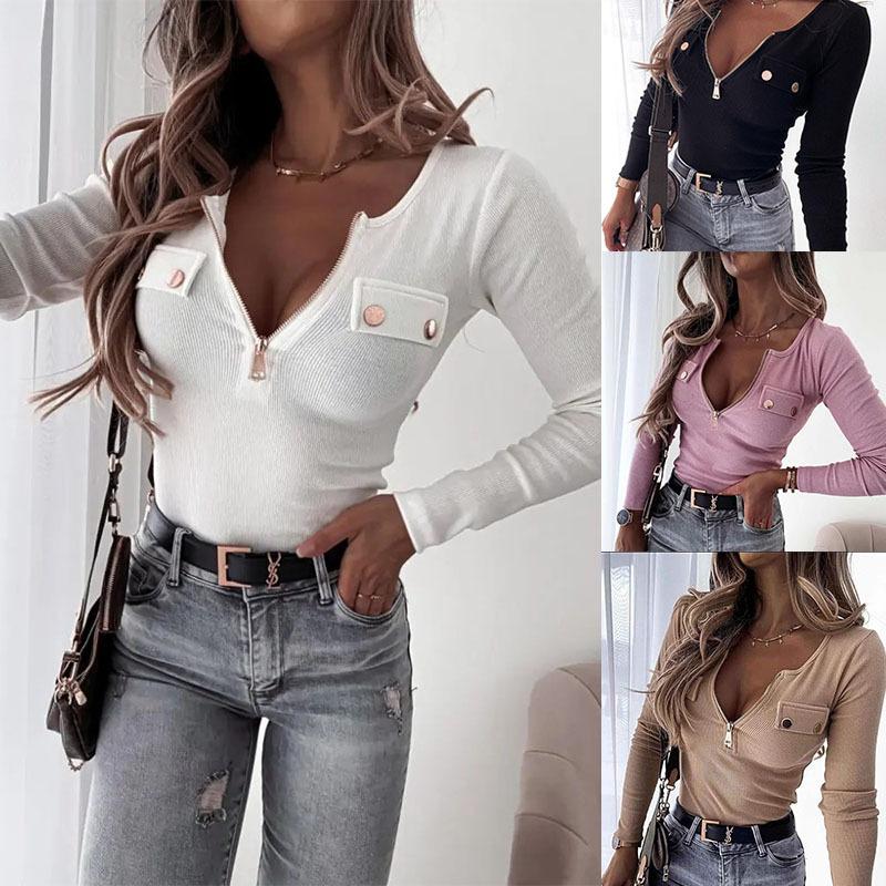 

Женские футболки дешевые весна/лето трикотажные однотонные длинные рукава молния V-образный вырез женские топы футболка дропшиппинг LTHTT7263XH S чёрный