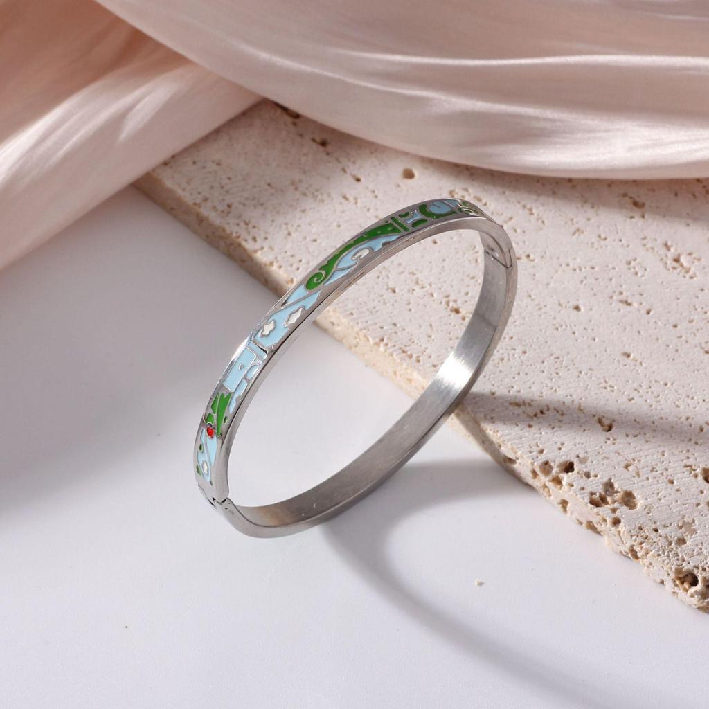 18K Electroplated Women's Retro Enamel Drip Oil Titanium Steel Bracelet, 6mm