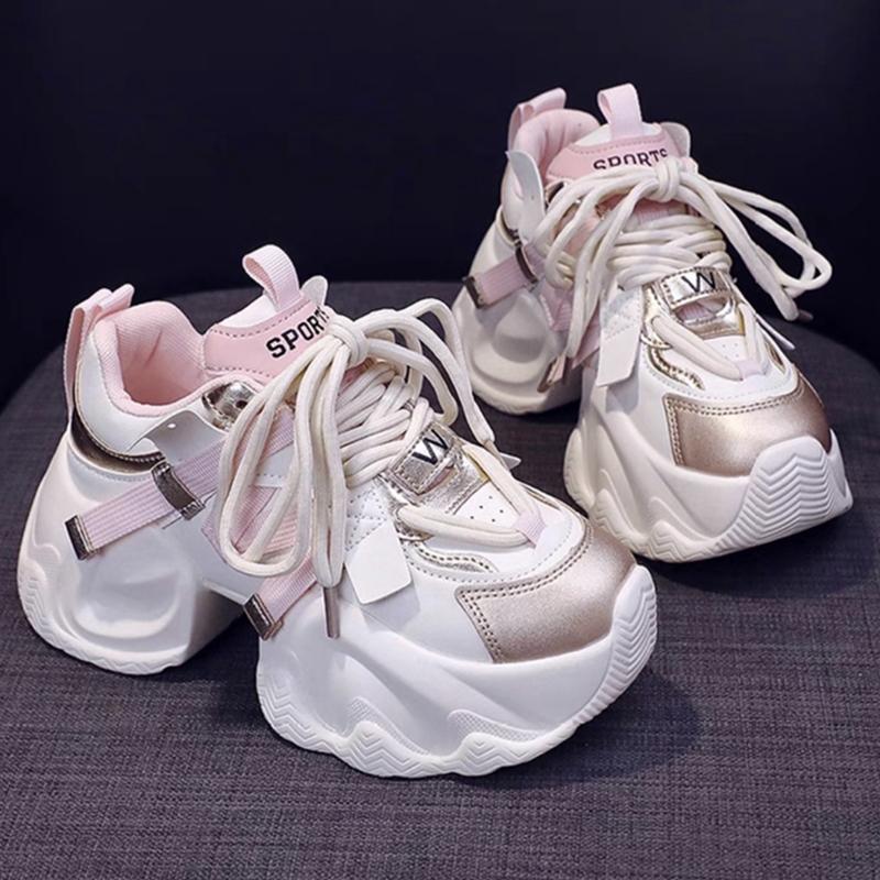 Dámské vycházkové tenisky podzimní šněrovací vysoká platforma robustní boty prodyšné kožené boty 10cm zimní boty na klínku pro volný čas