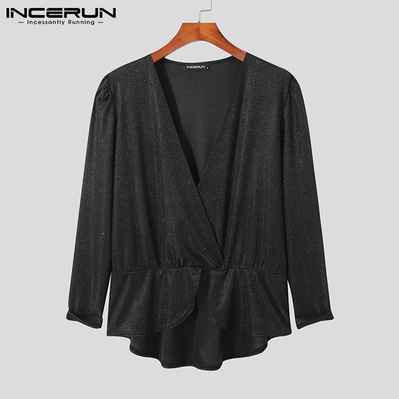 

INCERUN весенняя мужская клубная одежда с длинными рукавами и V-образным вырезом, воланами для танцев, черные топы