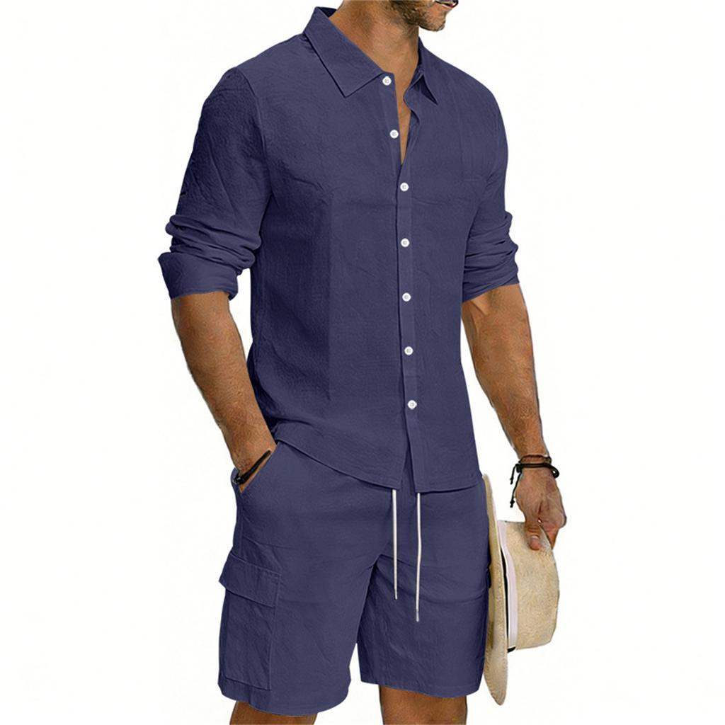 Men's Casual Long-sleeved Tooling Shirt Shorts Set