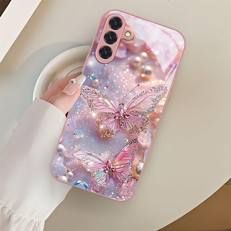 Pink Diamond Studded Butterfly Glass Phone Case Suitable for Samsung Galaxy S26 S25 S24 S23 S22 S21 S20 FE/Ultra/Plus Anti Drop