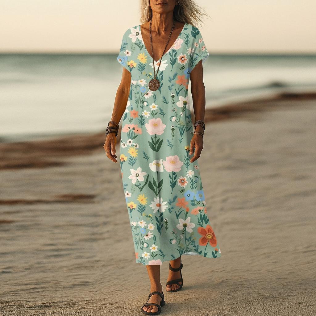 Summer Dress Women's Long Boho Beach Dress Elegant Maxi Dress V-Neck Short Sleeve Summer Tunic Dress Light Airy
