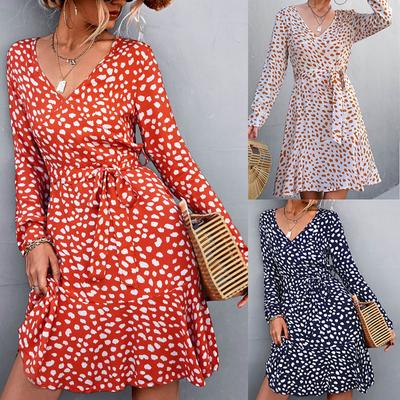 Robe Bohème à Pois pour Femme Col V Manches Longues