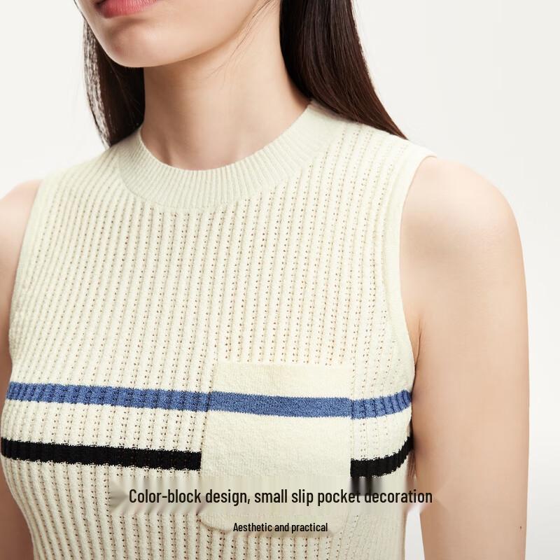 Veromoda Women's 2025 Color Block Stripe Round Neck Sleeveless Knit Top