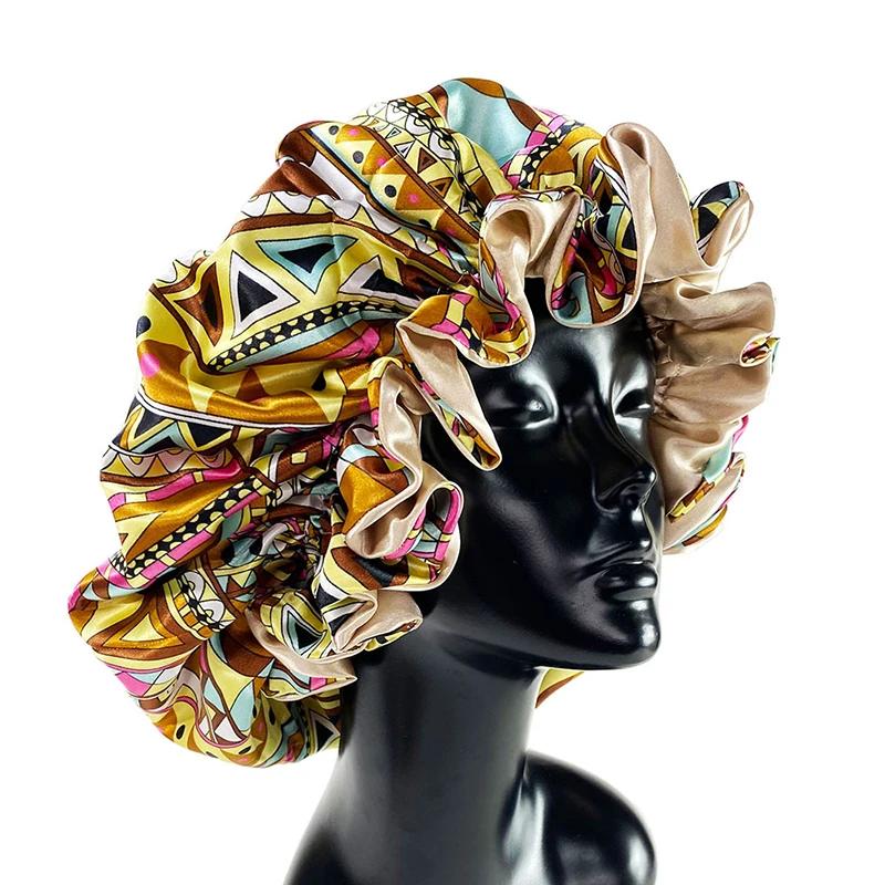 Newly Women Satin Solid Bonnet Cap Fashion Double Layer Silky Bonnet For Lady African Printing Sleep Hat Hair Care Head Wrap