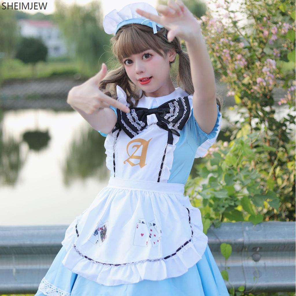 Cute Blue Alice Playing Cards Lolita Maid Costume Sweet Girl Role Play Costume Japanese Cute Maid Uniform Party Stage Costume
