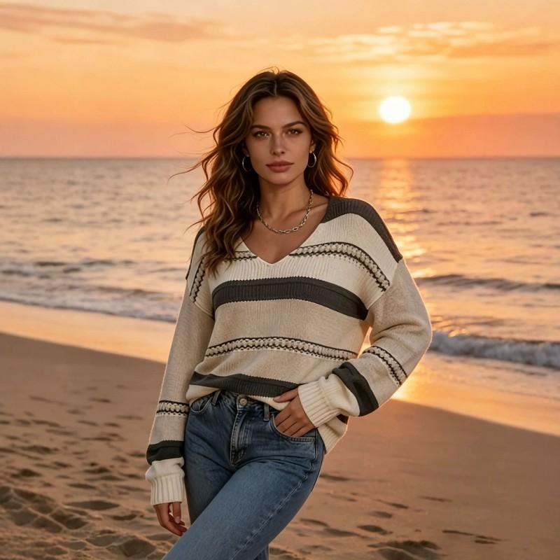 Womens V-Neck Knit Sweater Soft Loose Fit Long Sleeve Top Daily Commute
