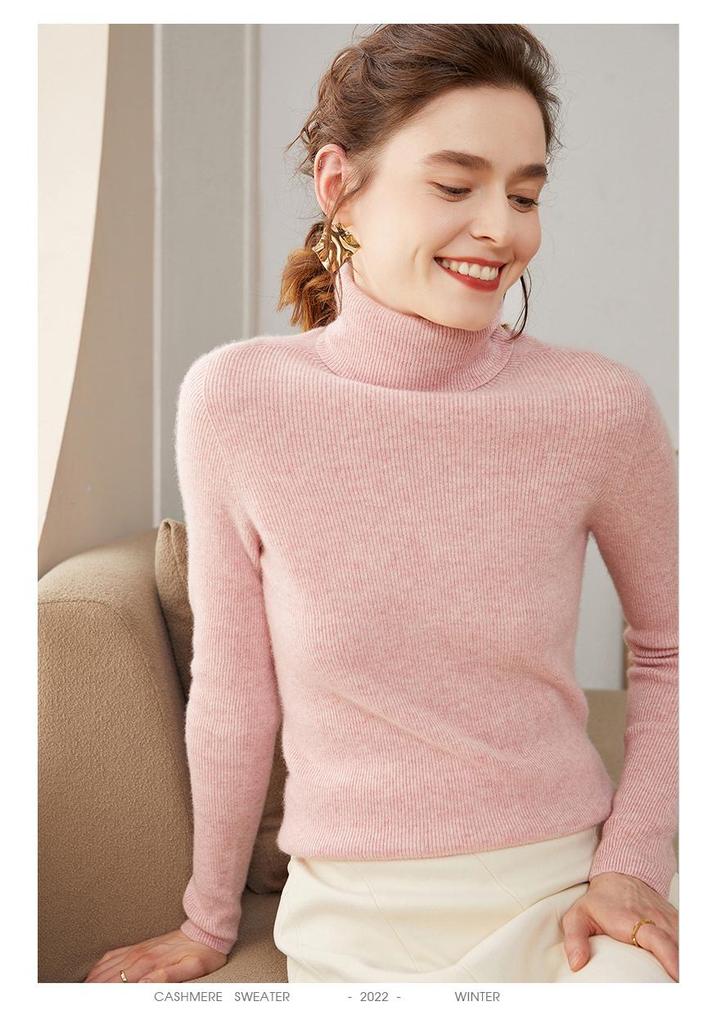 Women's High Neck Ribbed Cashmere Sweater - Slim Fit, Versatile Knit Top