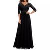 Women's V Neck Three Quarter Sleeve Lace Top Flared Chiffon Maxi Dress Beige