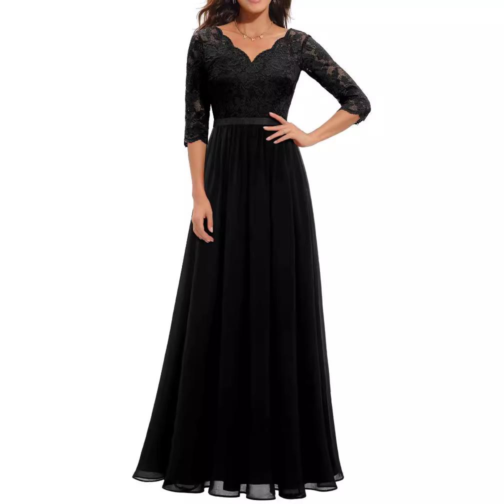 Women's V Neck Three Quarter Sleeve Lace Top Flared Chiffon Maxi Dress Beige