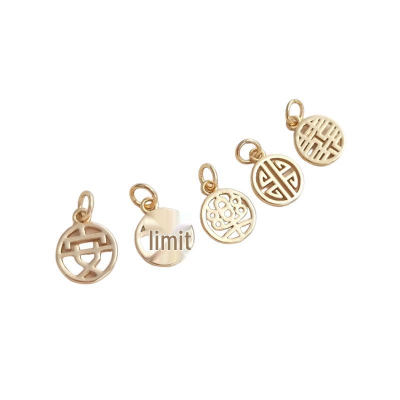 14K Gold-Filled Fu Character Round Plaque Pendant DIY Bracelet Charm.