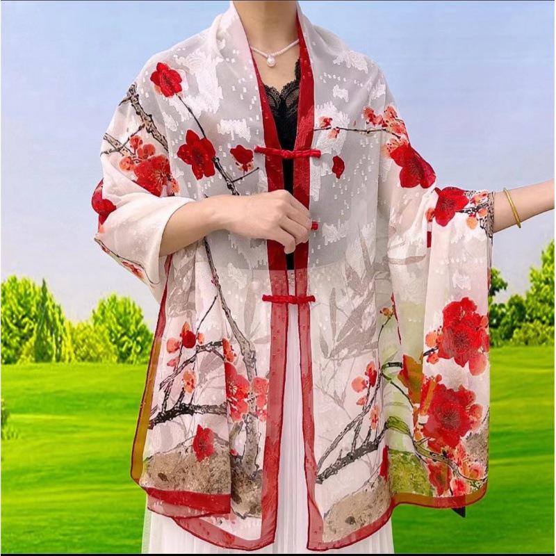 Xin Sai Qi Chinese Frog Button Cutout Shawl Fashionable Silk Scarf for Travel and Photography