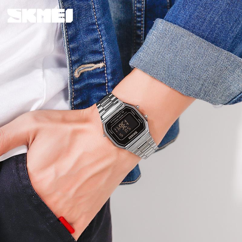 SKMEI Retro LED Digital Male Watches Casual Simple Mens Wristwatches Stainless Steel Band Waterproof Watch Men Reloj Hombre 1647