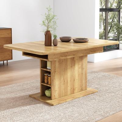 Mesa de Jantar Flieks Madeira, Mesa de Jantar Extensível com Arrumação, Natural