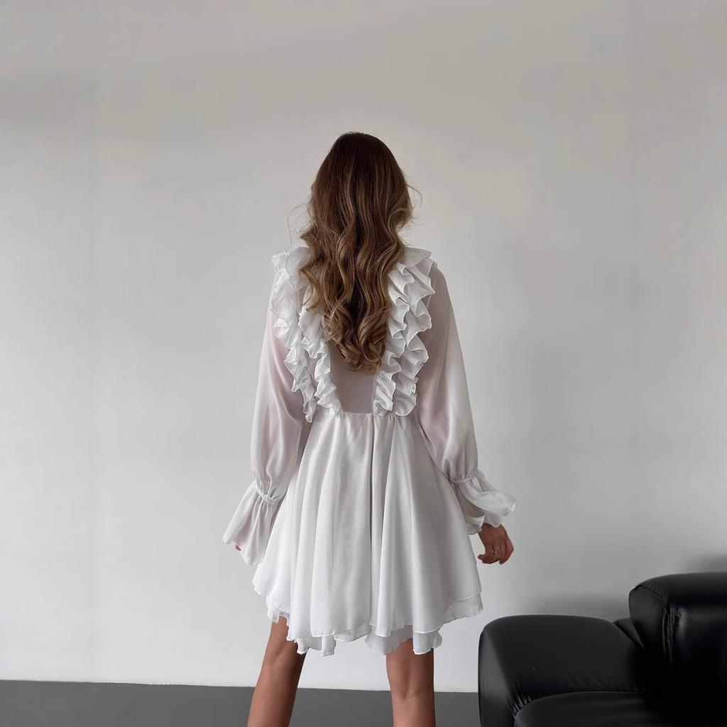 2025 Elegant Chiffon V-neck Ruffle Edge Design Dress Lace-up Long-sleeved A-shaped Skirt