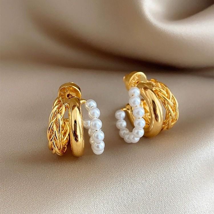 Orecchini Cerchio Metallico Avvolto Industria Pesante Forma a C Semplici ed Eleganti Fibbie per Orecchie Semicircolari a Tre Strati Orecchini a Bottone Esagerati