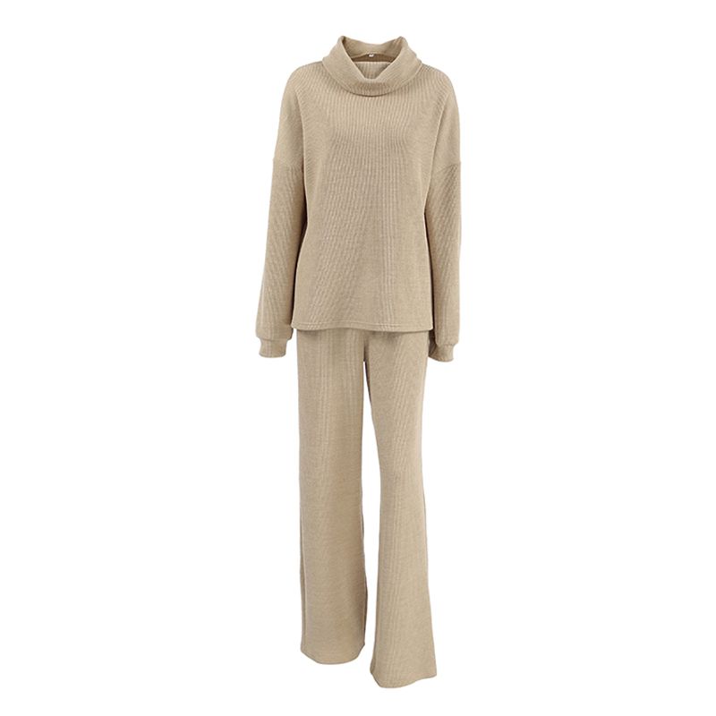

European and American 2025 Spring Knitted Women Set Turtleneck Long sleeve Top Khaki Casual Trousers Khaki L (Recommendation 57.50 kg-62.50 kg