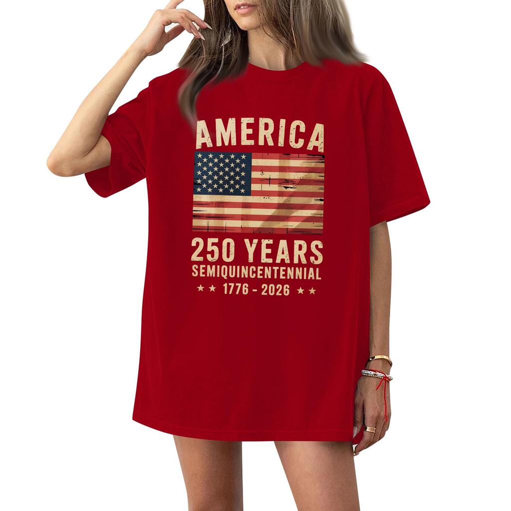 Women's Casual Fashion Round Neck Casual American Flag Print Short Sleeve T-Shirt Top