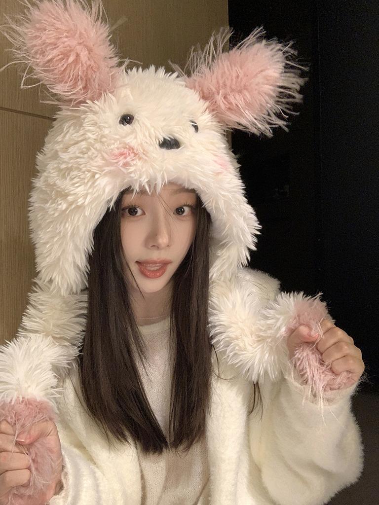 Winter New Cartoon Cute Plush Hat Female Thickened Warm Ears Will Move Puppy Big Head Circumference Plush Hat