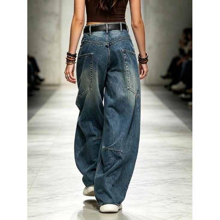 

American retro wide-leg jeans, high-waisted, distressed wash, angled patchwork design, street-style deconstructed trousers Asian S