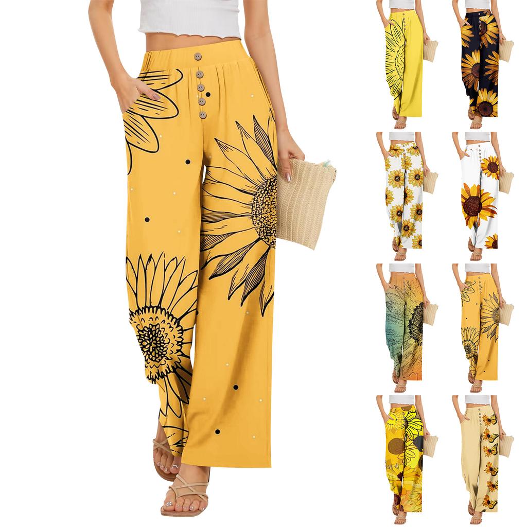 Women’s Summer Loose Fit Floral Print Wide Leg Pants Stretch Waistband Button Front with Pockets Casual Lightweight Trousers for Daily Wear