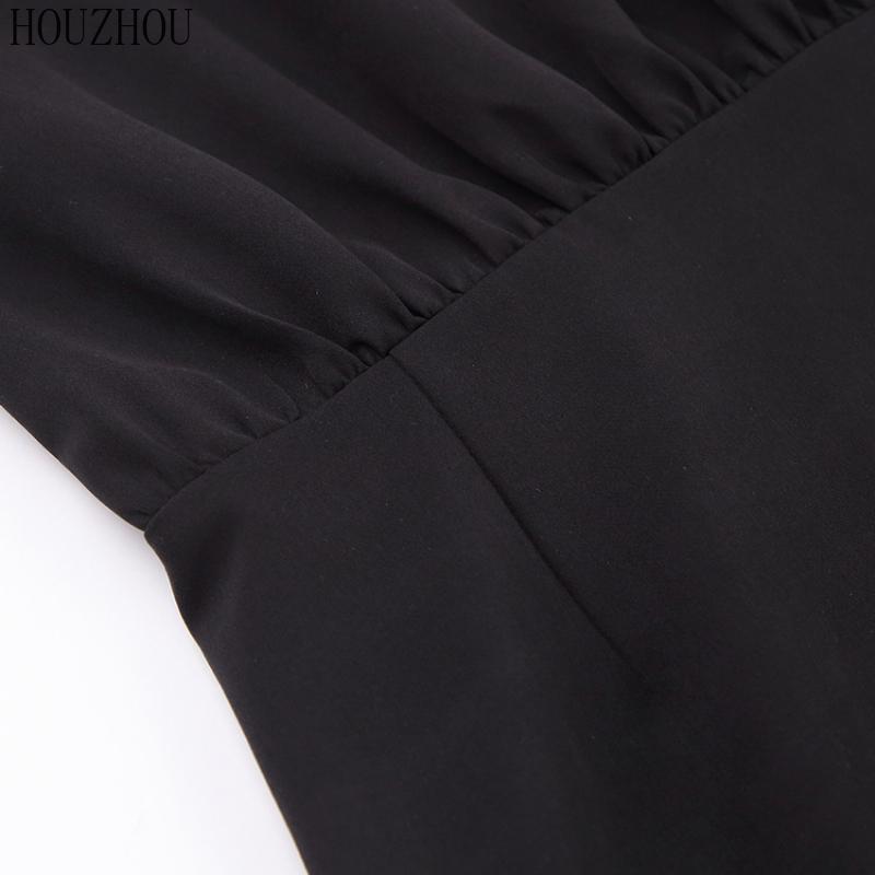 HOUZHOU Abito Nero Donna Scollo a V Vita Alta Classico Coreano Basic Elegante Maniche a Sbuffo Maniche Corte A-line Miniabito