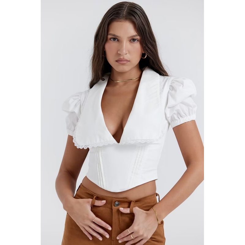 

House of First Date Waist-Tight Crop Top Sexy Lace White lapel Crop Top blouse M