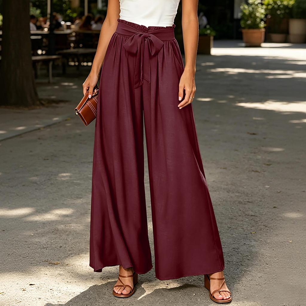 Women's High Waist Wide Leg Pants Bohemian Style Palazzo Trousers with Tie Waist and Pockets Casual Loose Fit Long Pants