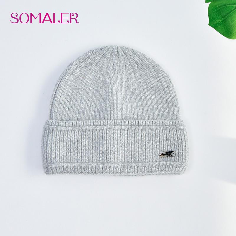 SOMALER Women's Autumn Winter Angora Knit Beanie Hat with Folded Cuff & Metal Badge Fashion Warm Cap 54-58cm