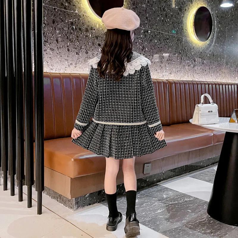 Girls' Autumn Elegant Set Design: Lace Button Jacket + Skirt Two-Piece Set