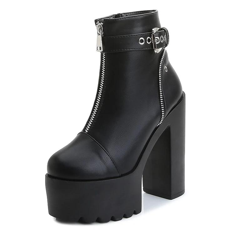 Mode Damen Plateau Schnalle Reißverschluss Stiefeletten Runde Zehenpartie Motorrad Weiches Leder Klobige Hohe Absätze Stiefel Schuhe Für Ehefrau Freundin