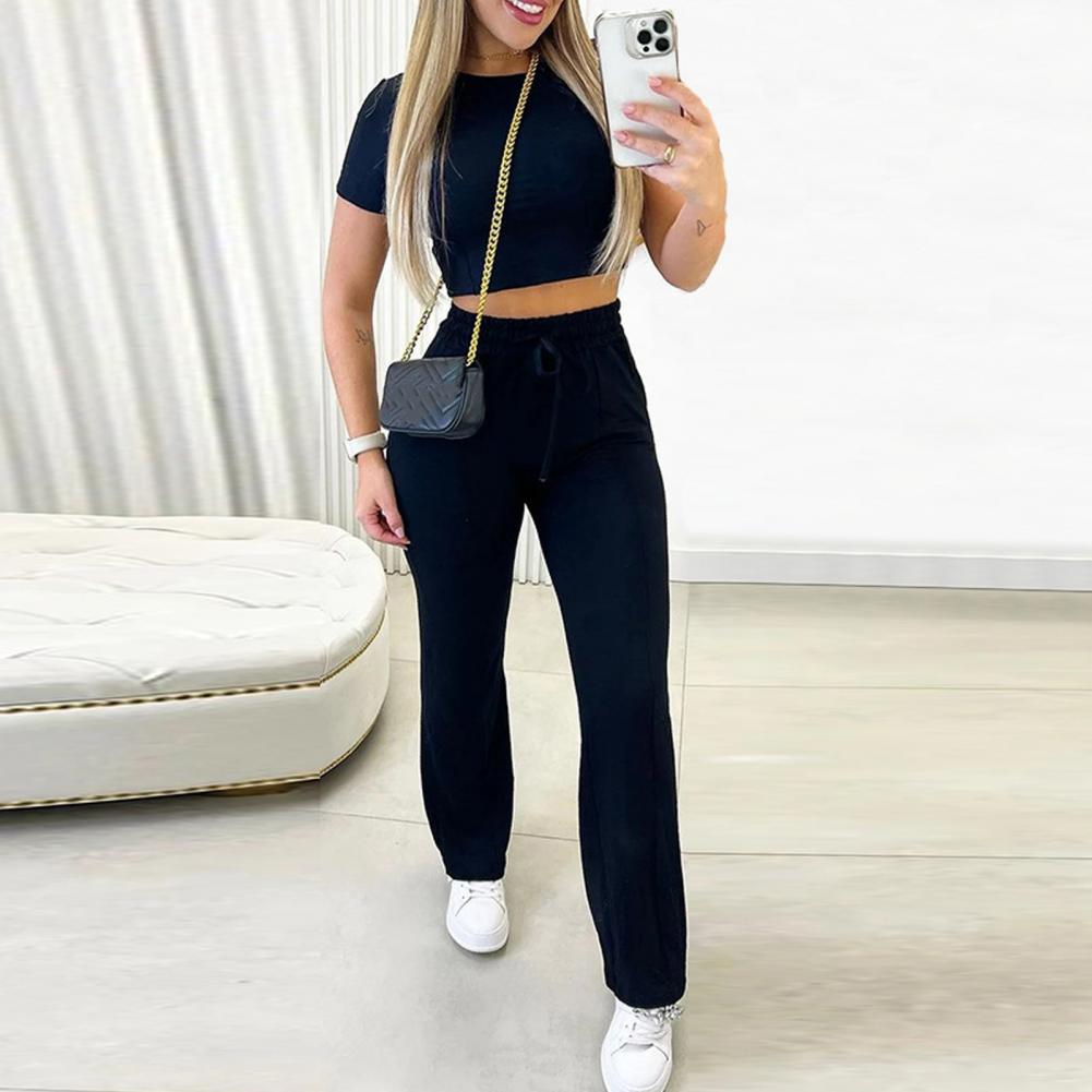 2-Piece Collection Women Crop Top Pants Collection Short Sleeves O Neck Slim Fit Top High-Waist Slim Fit Trousers Tracksuit Sportwwear Pantsuit