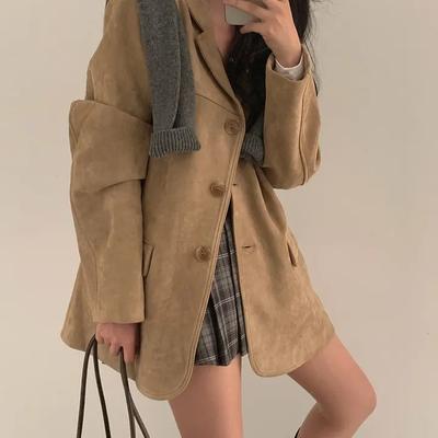 Vintage Koreanischer Stil Herbstblazer Damen Lockerer Schnitt Langarmmantel mit Doppeltaschen Elegante Bürokleidung