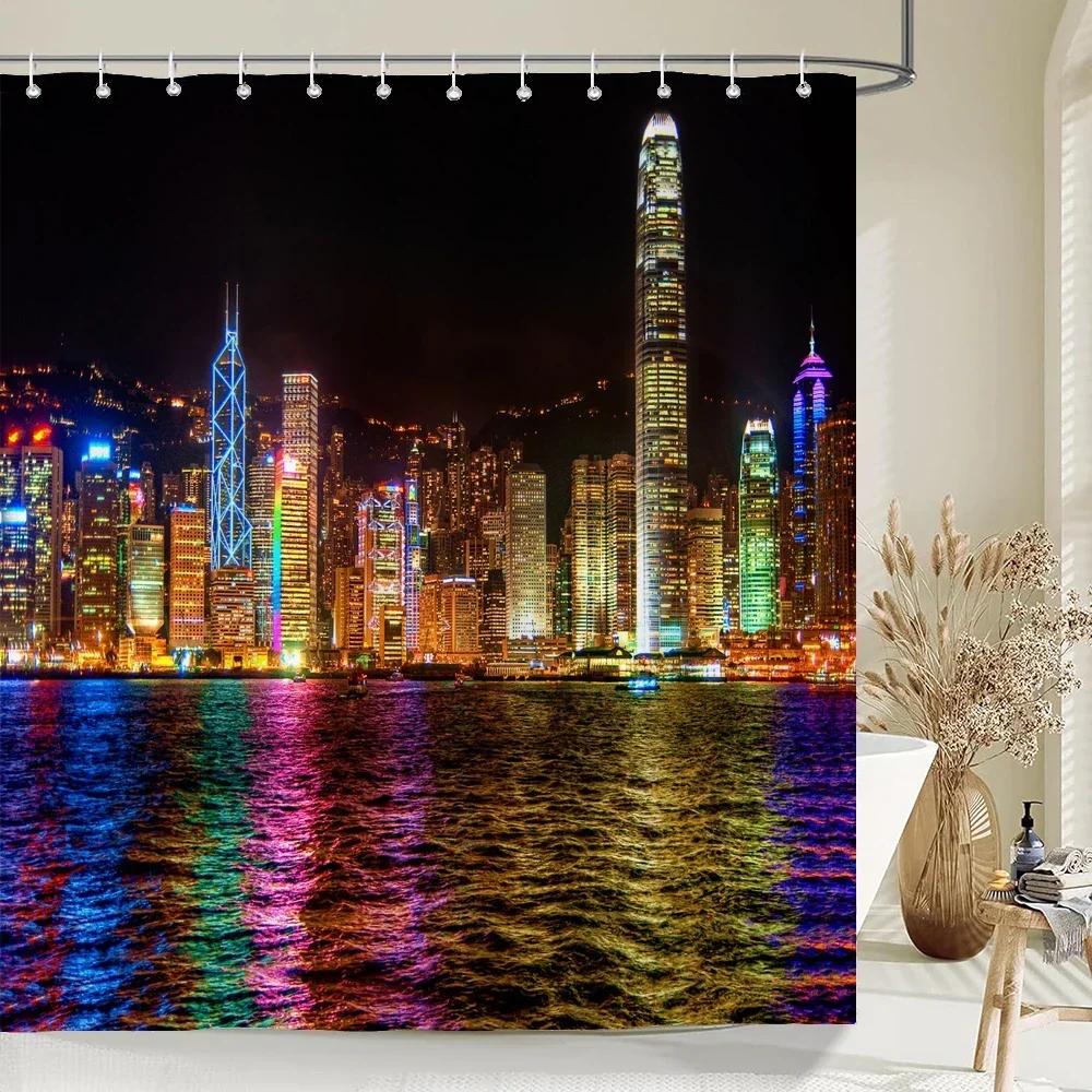 Zasłona prysznicowa Pejzaż nocny Nowego Jorku Miasto Most Budynek Zasłony do kąpieli 3D Retro Czarno-białe zdjęcie Dekoracje łazienkowe Zasłona