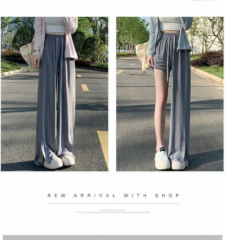 Plus Size Women's High-Waisted Wide-Leg Ice Silk Summer Pants with Split Drape and Sun Protection.