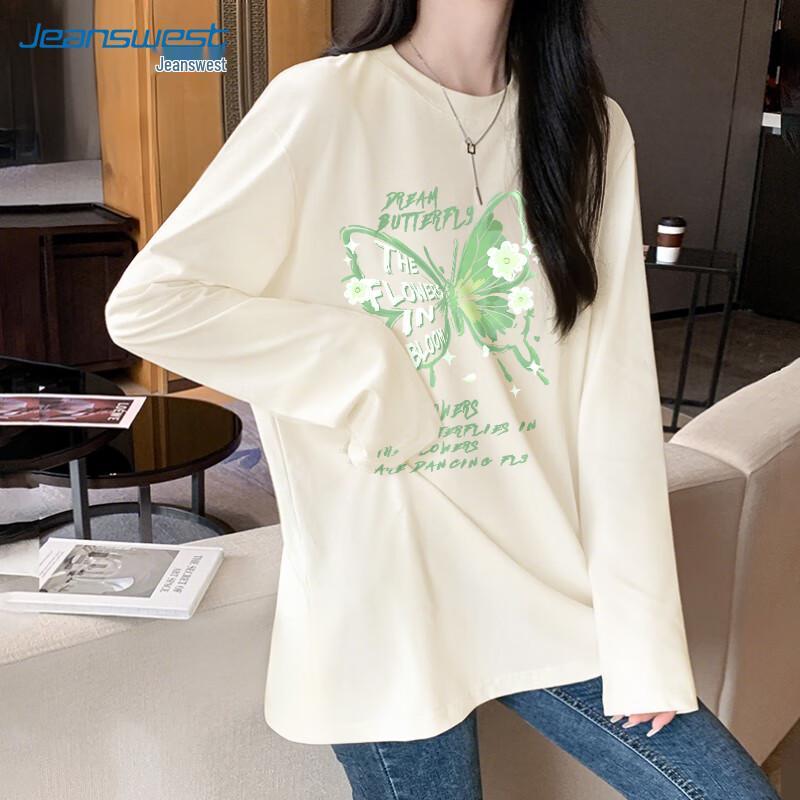 Jeanswest Women's 2025 Spring/Autumn Pure Cotton Drop-Shoulder Long-Sleeve T-Shirt