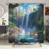 1pc Fantasy Waterfall Shower Curtain - Vibrant Tropical Landscape with Pink Flamingo & Majestic Deer, Machine Washable Polyester