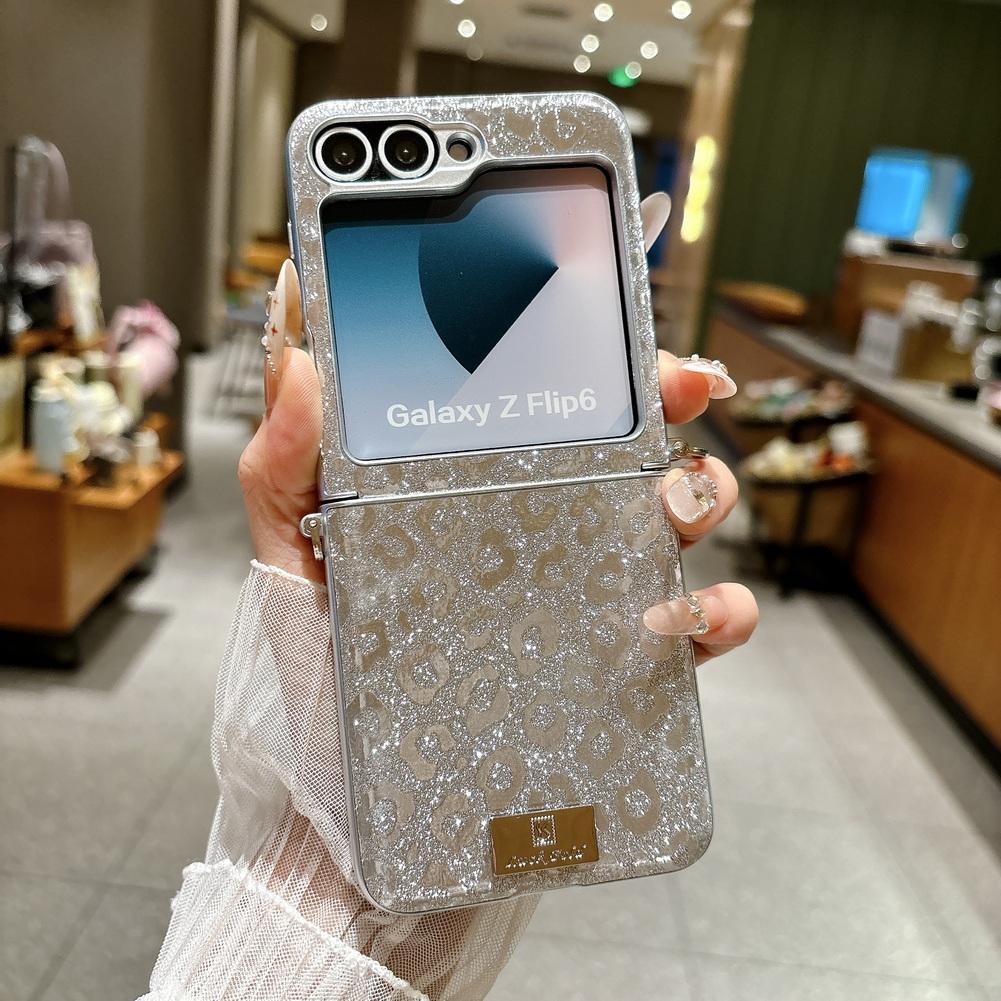 Shimmering Leopard Print Phone Case for Samsung Z Flip 8 flip7 fe Galaxy Z Flip 7 6 5 Silver-edged Side Buckle Protective Cover