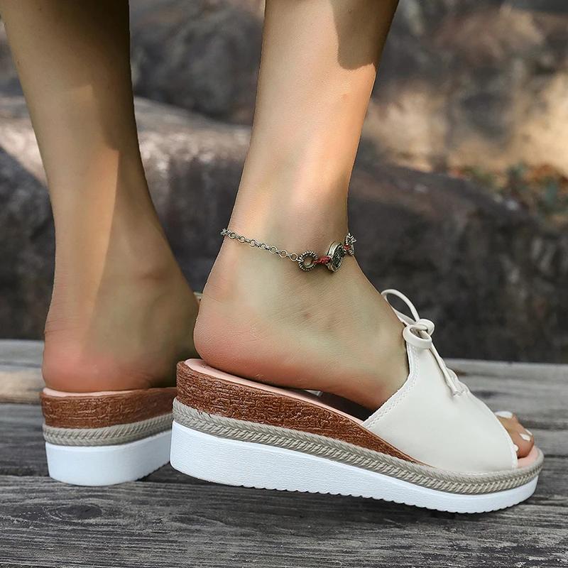 Fashion Fashion Bowtie Wedges Sandals for Women Summer 2025 Lightweight Non Slip Beach Shoes Woman Casual PU Leather Platform Slippers