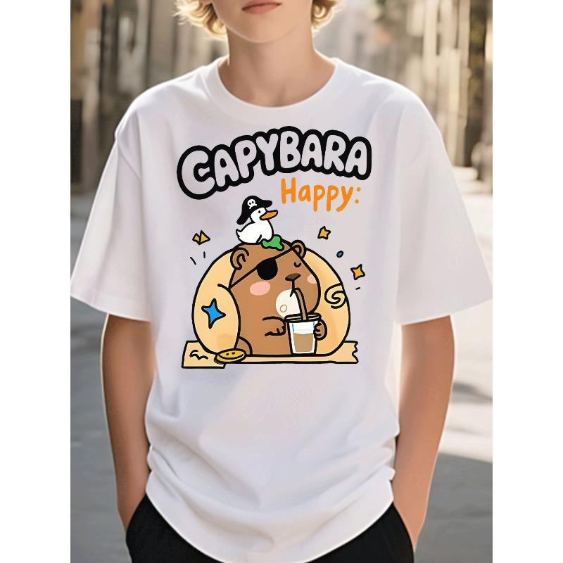 Boys Pirate Capybara Duck Bubble Tea Star Print Crewneck Tee, Casual Daily Holiday Gift 110 белый