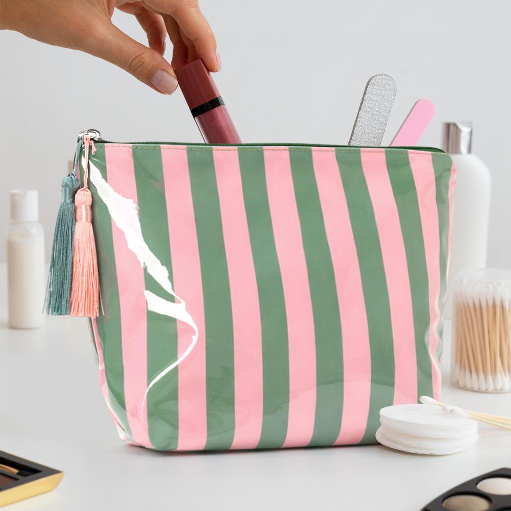 PVC Glossy Striped Cosmetic Organizer with Tassels Portable Travel Toiletry Pouch Trendy Striped Makeup Pack Daily Commute Bags