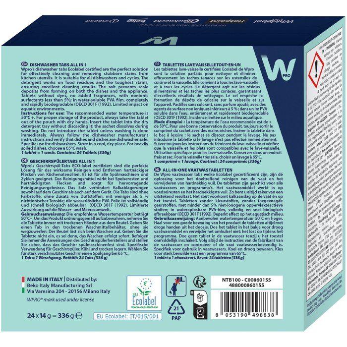 Tablettes lave-vaisselle - WPRO - NTB100 - Ecolabel - Multi-fonctions - 24 doses