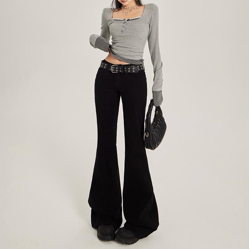 Women's 2025 Low-Waist Slim Fit Flared Jeans - Black, No-Slip, Elastic, Leg-Slimming, Spring Style